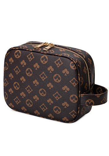 Louisa Flower Vegan Leather Square Cosmetic Pouch Brown