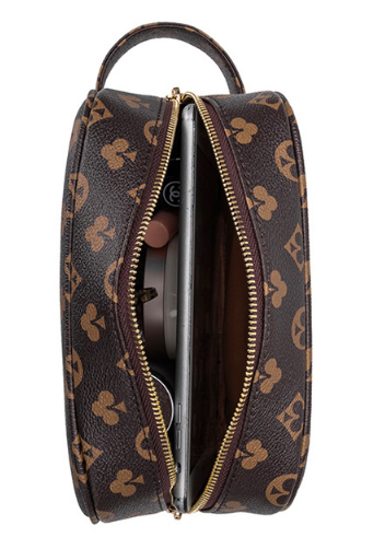 Louisa Flower Vegan Leather Square Cosmetic Pouch Brown