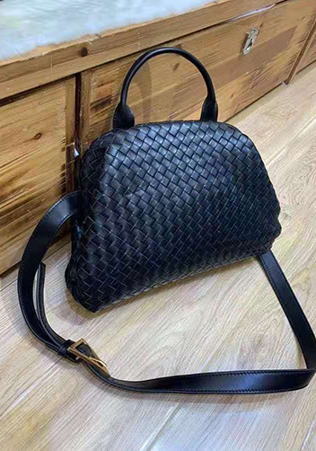 Mia Soft Woven Leather Shoulder Bag Black
