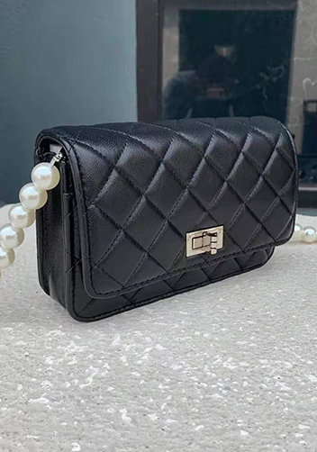 Adeline Leather Shoulder Bag Pearls Chain Black