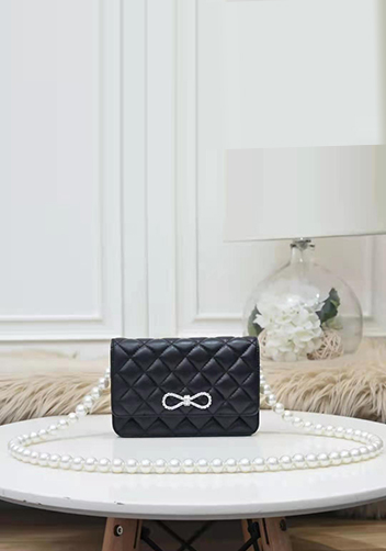 Adeline Leather Shoulder Bag Pearls Chain Bow Black