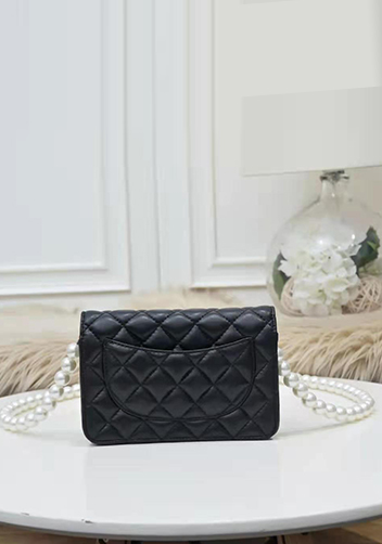 Adeline Leather Shoulder Bag Pearls Chain Bow Black