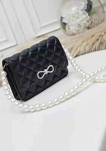 Adeline Leather Shoulder Bag Pearls Chain Bow Black