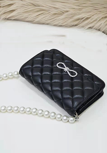 Adeline Leather Shoulder Bag Pearls Chain Bow Black