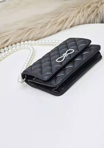 Adeline Leather Shoulder Bag Pearls Chain Bow Black