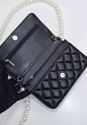 Adeline Leather Shoulder Bag Pearls Chain Bow Black