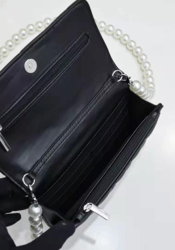 Adeline Leather Shoulder Bag Pearls Chain Bow Black