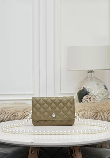 Adeline Leather Shoulder Bag Pearls Chain Flower Beige