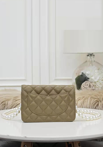 Adeline Leather Shoulder Bag Pearls Chain Flower Beige