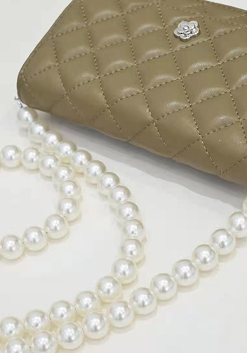 Adeline Leather Shoulder Bag Pearls Chain Flower Beige