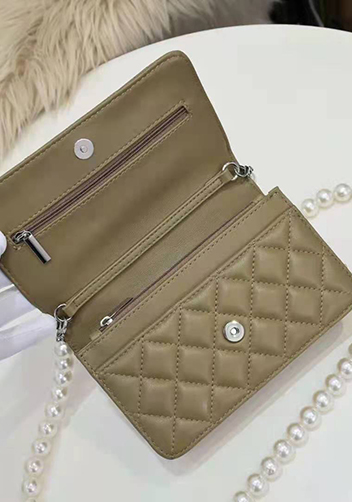 Adeline Leather Shoulder Bag Pearls Chain Flower Beige