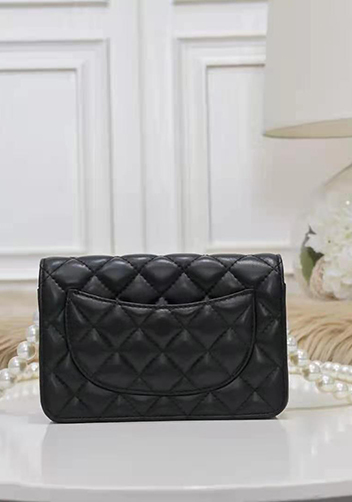 Adeline Leather Shoulder Bag Pearls Chain Flower Black
