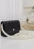 Adeline Leather Shoulder Bag Pearls Chain Flower Black