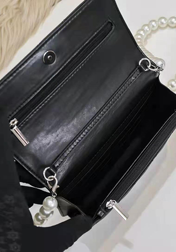 Adeline Leather Shoulder Bag Pearls Chain Flower Black