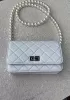 Adeline Leather Shoulder Bag Pearls Chain White