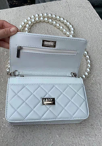Adeline Leather Shoulder Bag Pearls Chain White