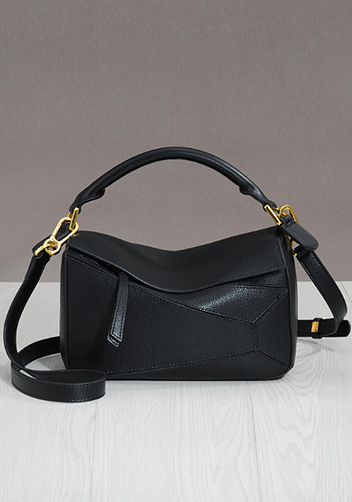Adrienne Geometry Leather Shoulder Bag Gold Hardware Black