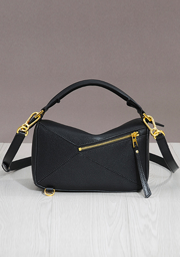 Adrienne Geometry Leather Shoulder Bag Gold Hardware Black