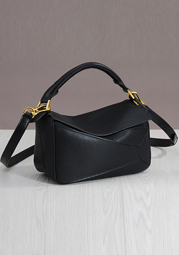 Adrienne Geometry Leather Shoulder Bag Gold Hardware Black