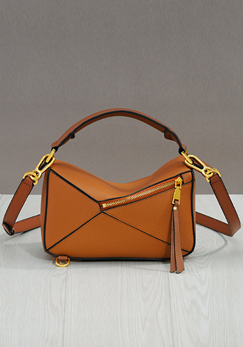 Adrienne Geometry Leather Shoulder Bag Gold Hardware Camel