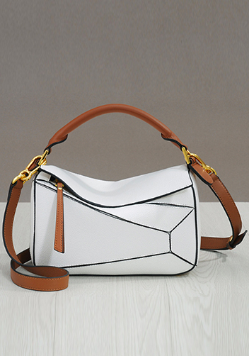 Adrienne Geometry Leather Shoulder Bag Gold Hardware White