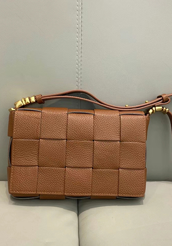 Mia Woven Grain Leather Shoulder Bag Camel