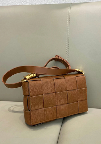 Mia Woven Grain Leather Shoulder Bag Camel