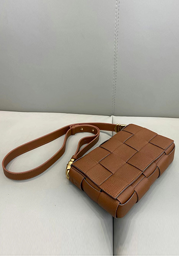 Mia Woven Grain Leather Shoulder Bag Camel