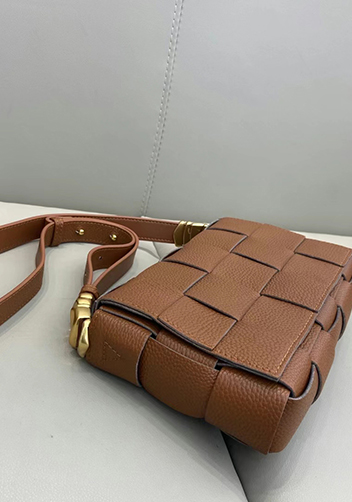 Mia Woven Grain Leather Shoulder Bag Camel