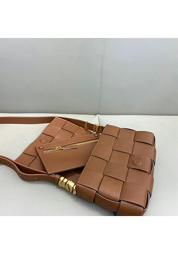 Mia Woven Grain Leather Shoulder Bag Camel