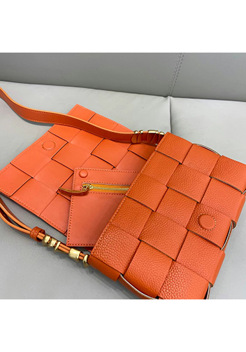 Mia Woven Grain Leather Shoulder Bag Orange