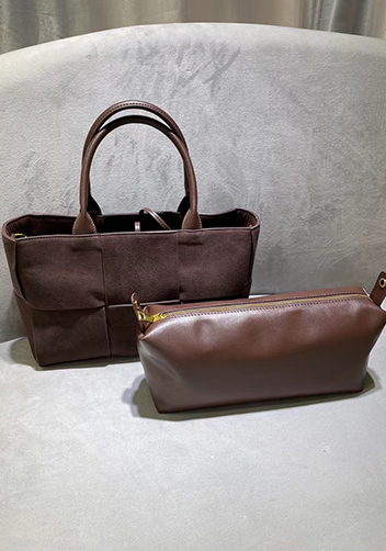 Mia Woven Suede Leather 6 Squares Tote Choco