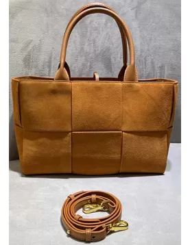 Mia Woven Suede Leather 6 Squares Tote Camel
