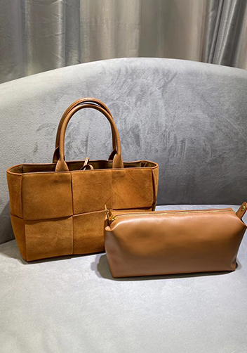 Mia Woven Suede Leather 6 Squares Tote Camel