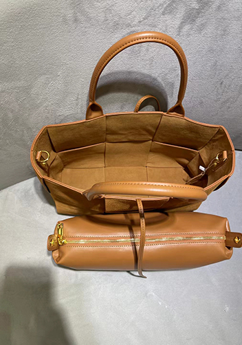 Mia Woven Suede Leather 6 Squares Tote Camel