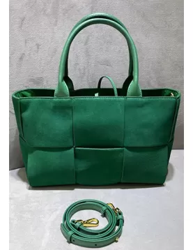 Mia Woven Suede Leather 6 Squares Tote Green
