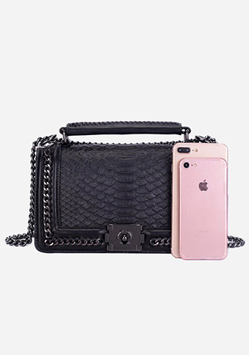 Ingrid Vegan Leather Snake Medium Chain Bag Black