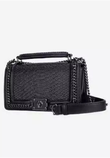 Ingrid Vegan Leather Snake Medium Chain Bag Black