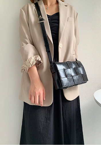 Mia Plaid Square Brushed Leather Shoulder Bag Black