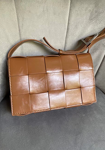 Mia Plaid Square Brushed Leather Shoulder Bag Camel
