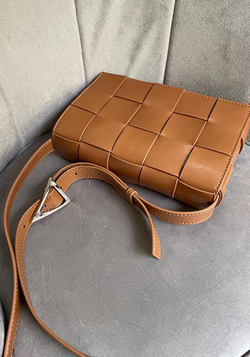Mia Plaid Square Brushed Leather Shoulder Bag Camel