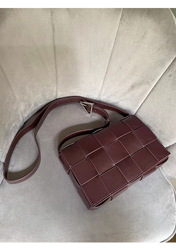 Mia Plaid Square Brushed Leather Shoulder Bag Choco