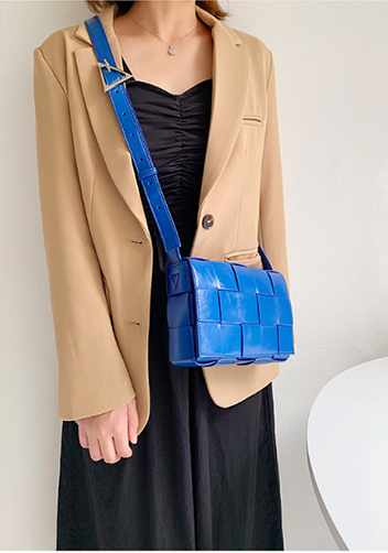 Mia Plaid Square Brushed Leather Shoulder Bag Cobalt