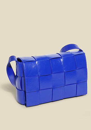 Mia Plaid Square Brushed Leather Shoulder Bag Cobalt