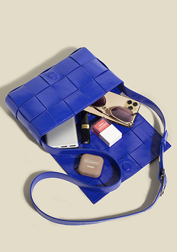 Mia Plaid Square Brushed Leather Shoulder Bag Cobalt