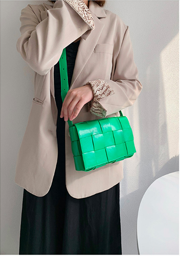 Mia Plaid Square Brushed Leather Shoulder Bag Green Parakeet