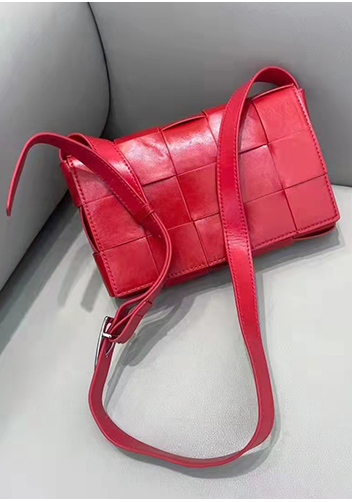 Mia Plaid Square Brushed Leather Shoulder Bag Red