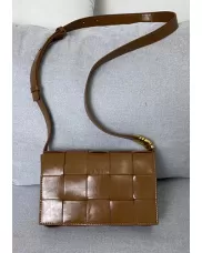 Mia Square Brushed Leather Hardware Shoulder Bag Camel