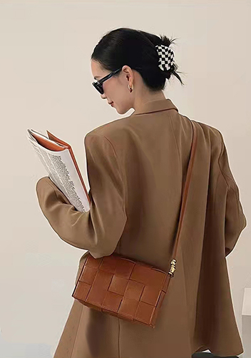 Mia Square Brushed Leather Hardware Shoulder Bag Camel
