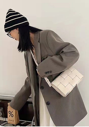 Mia Square Brushed Leather Hardware Shoulder Bag Cream